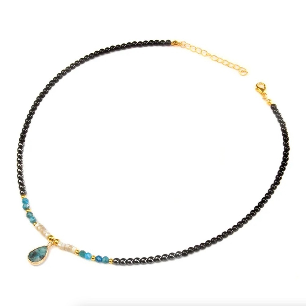 Apatite Quartz Beaded Necklace with Water Drop Gemstone Accent – Delicate 16"